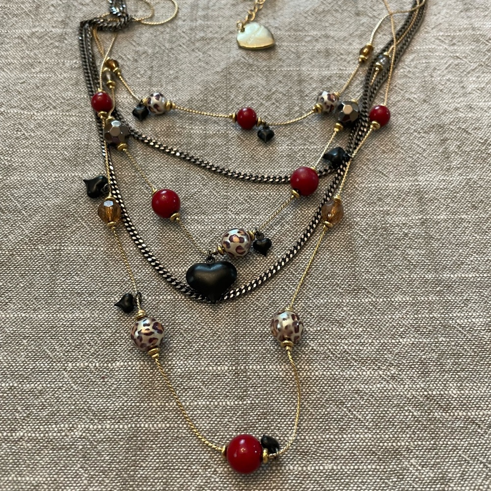 Betsey Johnson Red and Gold Layered Necklace with Charms. Y2K